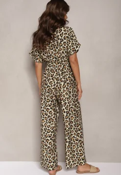 Brązowy Kombinezon w Panterkę z Dodatkiem Wiskozy Wykończony Gumką Nolaria