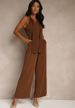 Brązowy Kombinezon Wide Leg z Ozdobnym Wiązaniem przy Szyi Silelia