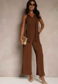 Brązowy Kombinezon Wide Leg z Ozdobnym Wiązaniem przy Szyi Silelia