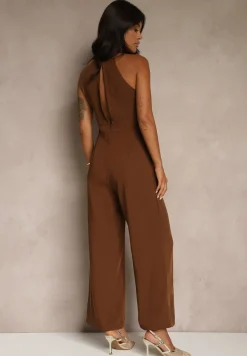 Brązowy Kombinezon Wide Leg z Ozdobnym Wiązaniem przy Szyi Silelia