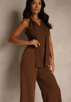 Brązowy Kombinezon Wide Leg z Ozdobnym Wiązaniem przy Szyi Silelia