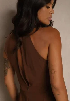 Brązowy Kombinezon Wide Leg z Ozdobnym Wiązaniem przy Szyi Silelia