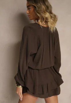 Brązowy Kombinezon z Bawełny ze Spódnico-Spodenkami i Guzikami oraz Gumką w Talii Vimatthea