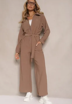Brązowy Kombinezon z Elastyczną Gumką w Pasie z Dodatkowym Wiązaniem o Luźnym Kroju Creera