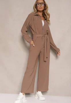 Brązowy Kombinezon z Elastyczną Gumką w Pasie z Dodatkowym Wiązaniem o Luźnym Kroju Creera