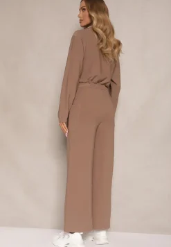 Brązowy Kombinezon z Elastyczną Gumką w Pasie z Dodatkowym Wiązaniem o Luźnym Kroju Creera