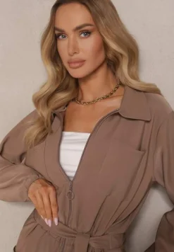 Brązowy Kombinezon z Elastyczną Gumką w Pasie z Dodatkowym Wiązaniem o Luźnym Kroju Creera