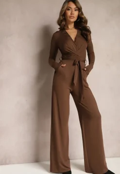 Brązowy Kombinezon z Kopertowym Dekoltem Ivemie