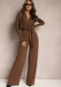 Brązowy Kombinezon z Kopertowym Dekoltem Ivemie