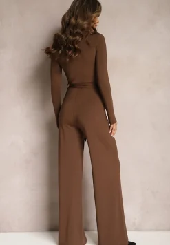 Brązowy Kombinezon z Kopertowym Dekoltem Ivemie