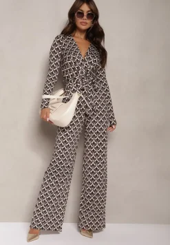 Brązowy Kombinezon z Mozaikowym Wzorem z Dekoltem w Serek i Paskiem Inafil