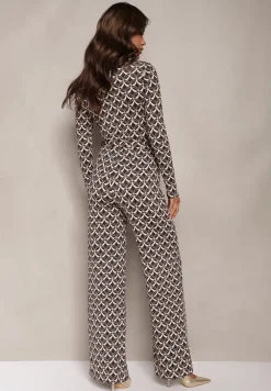 Brązowy Kombinezon z Mozaikowym Wzorem z Dekoltem w Serek i Paskiem Inafil