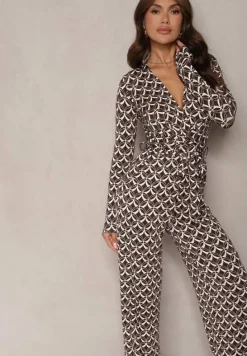 Brązowy Kombinezon z Mozaikowym Wzorem z Dekoltem w Serek i Paskiem Inafil