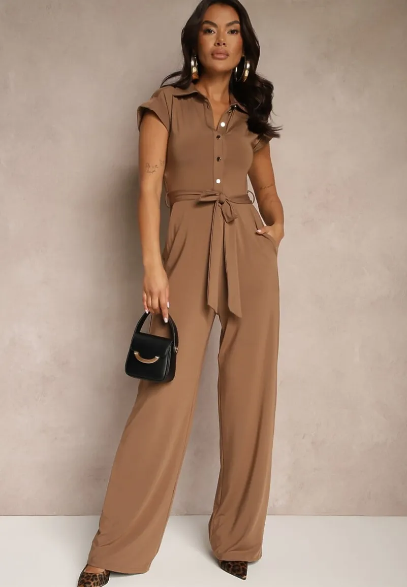 Brązowy Kombinezon z Wiskozą o Koszulowym Kroju z Wiązanym Paskiem Ninathra