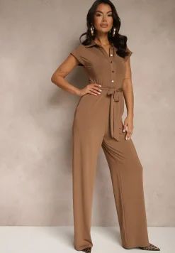 Brązowy Kombinezon z Wiskozą o Koszulowym Kroju z Wiązanym Paskiem Ninathra