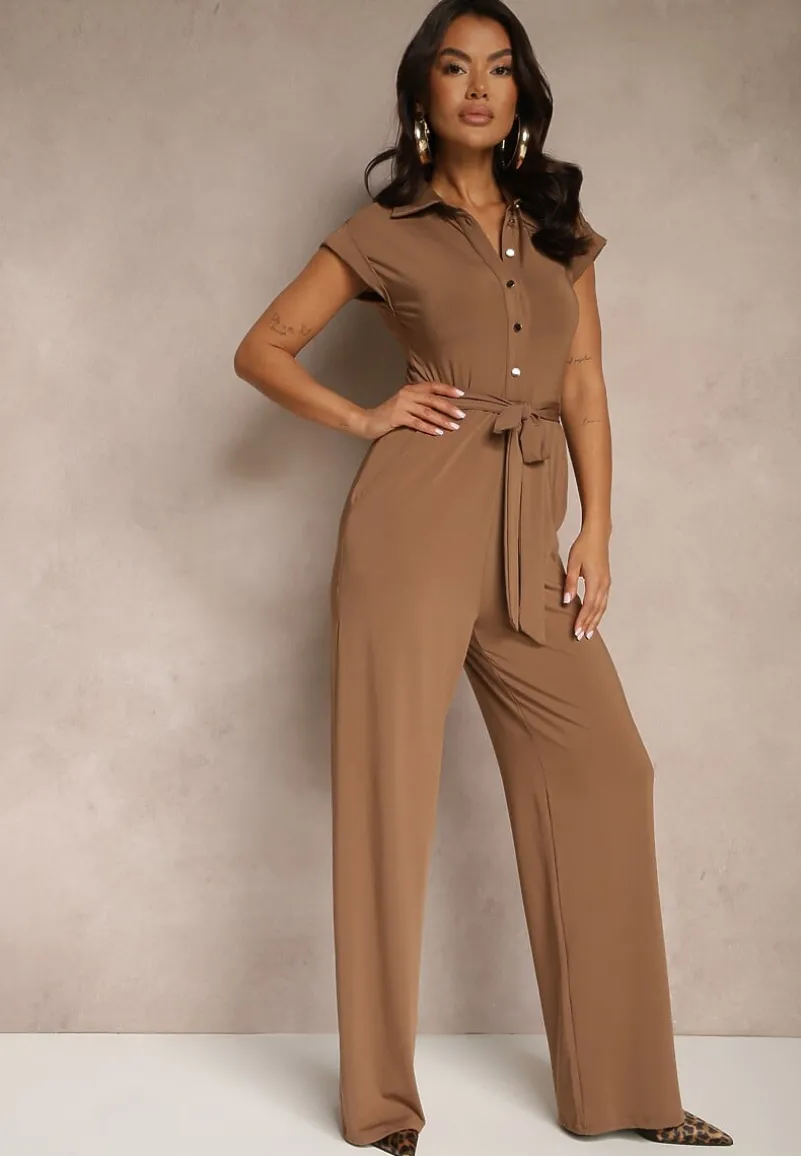 Brązowy Kombinezon z Wiskozą o Koszulowym Kroju z Wiązanym Paskiem Ninathra