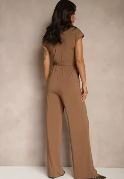 Brązowy Kombinezon z Wiskozą o Koszulowym Kroju z Wiązanym Paskiem Ninathra