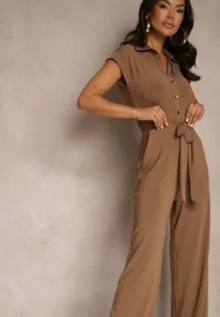 Brązowy Kombinezon z Wiskozą o Koszulowym Kroju z Wiązanym Paskiem Ninathra