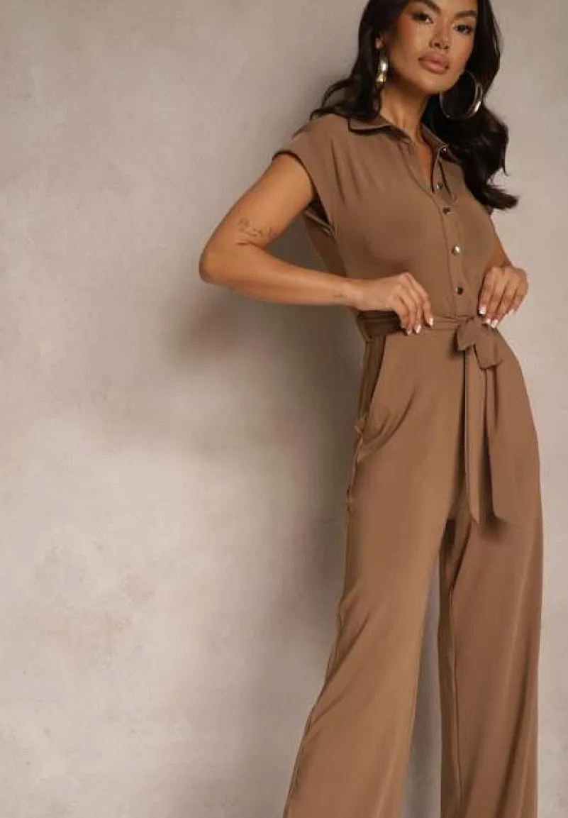 Brązowy Kombinezon z Wiskozą o Koszulowym Kroju z Wiązanym Paskiem Ninathra