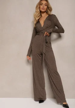 Brązowy Kombinezon z Wiskozą Kopertowym Dekoltem Ozdobiony Paskiem Altintinnia