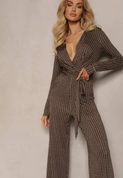 Brązowy Kombinezon z Wiskozą Kopertowym Dekoltem Ozdobiony Paskiem Altintinnia