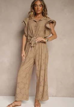 Brązowy Komplet Ażurowy Bluzka o Koszulowym Kroju i Spodnie z Szeroką Nogawką Linaniria