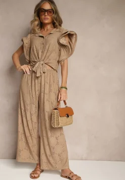 Brązowy Komplet Ażurowy Bluzka o Koszulowym Kroju i Spodnie z Szeroką Nogawką Linaniria