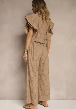 Brązowy Komplet Ażurowy Bluzka o Koszulowym Kroju i Spodnie z Szeroką Nogawką Linaniria