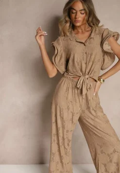 Brązowy Komplet Ażurowy Bluzka o Koszulowym Kroju i Spodnie z Szeroką Nogawką Linaniria