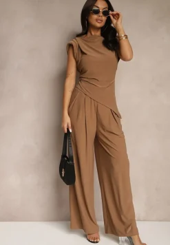 Brązowy Komplet Bluzka z Poduszkami w Ramionach i Proste Spodnie z Gumką w Pasie Divanes