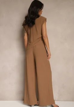 Brązowy Komplet Bluzka z Poduszkami w Ramionach i Proste Spodnie z Gumką w Pasie Divanes