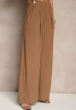 Brązowy Komplet Bluzka z Poduszkami w Ramionach i Proste Spodnie z Gumką w Pasie Divanes
