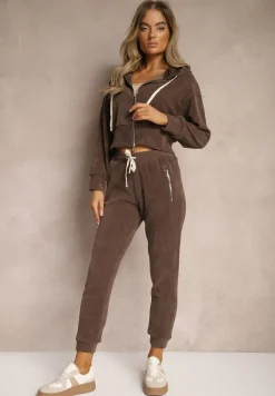 Brązowy Komplet Dresowy z Dodatkiem Bawełny Spodnie z Gumką w Talii Bluza z Kapturem Sesaria