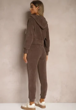 Brązowy Komplet Dresowy z Dodatkiem Bawełny Spodnie z Gumką w Talii Bluza z Kapturem Sesaria