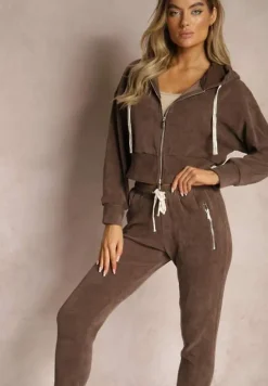 Brązowy Komplet Dresowy z Dodatkiem Bawełny Spodnie z Gumką w Talii Bluza z Kapturem Sesaria