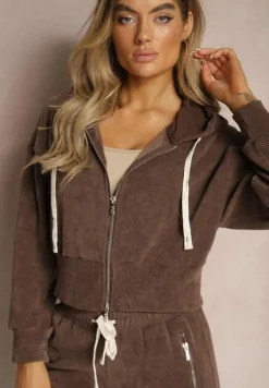 Brązowy Komplet Dresowy z Dodatkiem Bawełny Spodnie z Gumką w Talii Bluza z Kapturem Sesaria