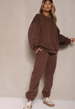Brązowy Komplet Dresowy z Polarową Podszewką Bluza i Joggery Ziline