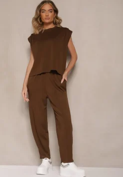Brązowy Komplet Dresowy z Wiskozą Spodnie z Ozdobnym Ściągaczem i Top Nitunela
