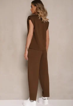 Brązowy Komplet Dresowy z Wiskozą Spodnie z Ozdobnym Ściągaczem i Top Nitunela