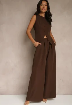 Brązowy Komplet Garniturowy Szerokie Spodnie i Kamizelka Ziorene