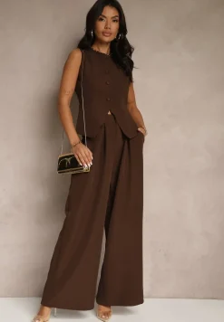 Brązowy Komplet Garniturowy Szerokie Spodnie i Kamizelka Ziorene