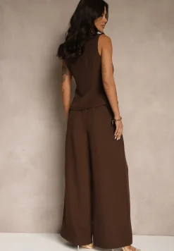 Brązowy Komplet Garniturowy Szerokie Spodnie i Kamizelka Ziorene