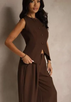 Brązowy Komplet Garniturowy Szerokie Spodnie i Kamizelka Ziorene