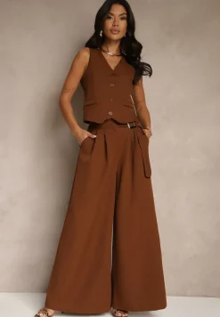 Brązowy Komplet Garniturowy z Kamizelką i Spodniami o Szerokim Kroju Ravirana