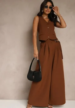 Brązowy Komplet Garniturowy z Kamizelką i Spodniami o Szerokim Kroju Ravirana