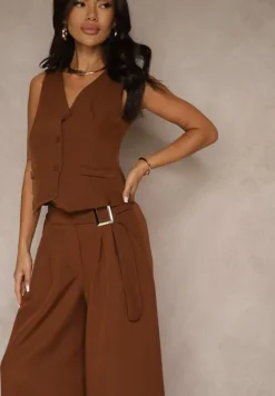 Brązowy Komplet Garniturowy z Kamizelką i Spodniami o Szerokim Kroju Ravirana