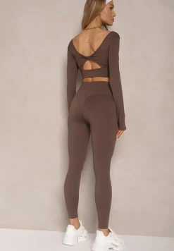 Brązowy Komplet Sportowy Legginsy High Waist i Longsleeve z Ozdobnym Tyłem Dasalle