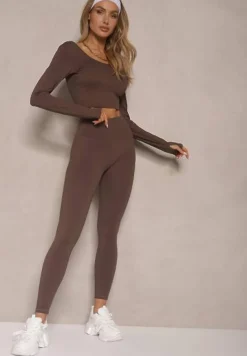 Brązowy Komplet Sportowy Legginsy High Waist i Longsleeve z Ozdobnym Tyłem Dasalle