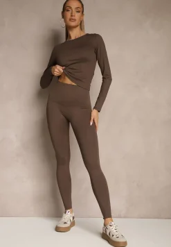Brązowy Komplet Sportowy Legginsy i Top Typu Longsleeve Dorotia