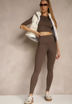 Brązowy Komplet Sportowy Legginsy i Top Typu Longsleeve Dorotia